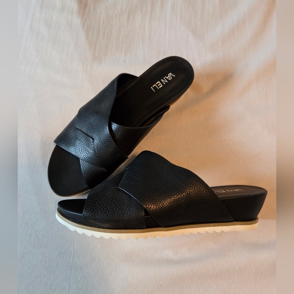 Vaneli Black Leather Slide Sandals